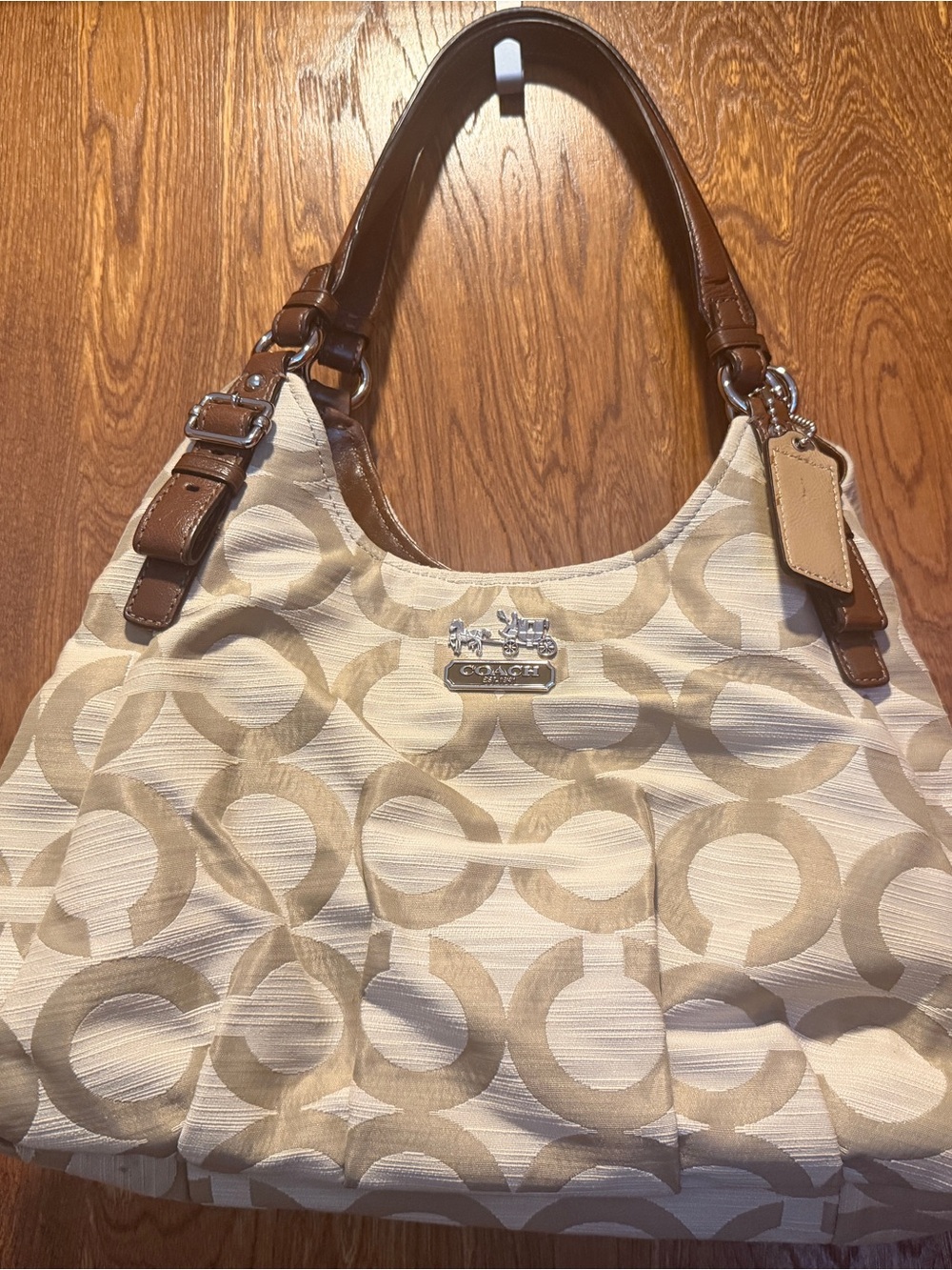 Coach Beige shoulder Bag - Brown Leather Trim, light blue inside, gently loved